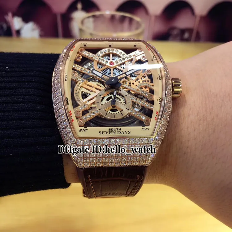 5 цветов Saratoge Vanguard V 45 T SQT черный полый скелетонизированный циферблат автоматические мужские часы розовое золото с бриллиантами кожаный резиновый ремешок W309n