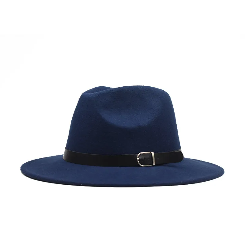 Autumn Winter Flat Brim Wool Feel Fedora Hats z klamrą Jazz Formal Hat Panama Cap Hat Men Men Women Brim Fel Felt Hat221z