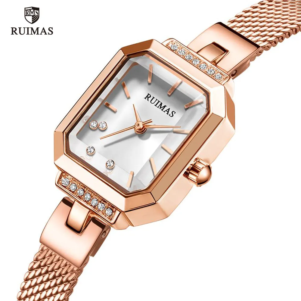 الساعات التناظرية البسيطة Ruimas Simple Thanses Luxury Rose Gold Square Watch Women Mesh Strap Wristwatch Top Brand Relogios Femininos 5792318