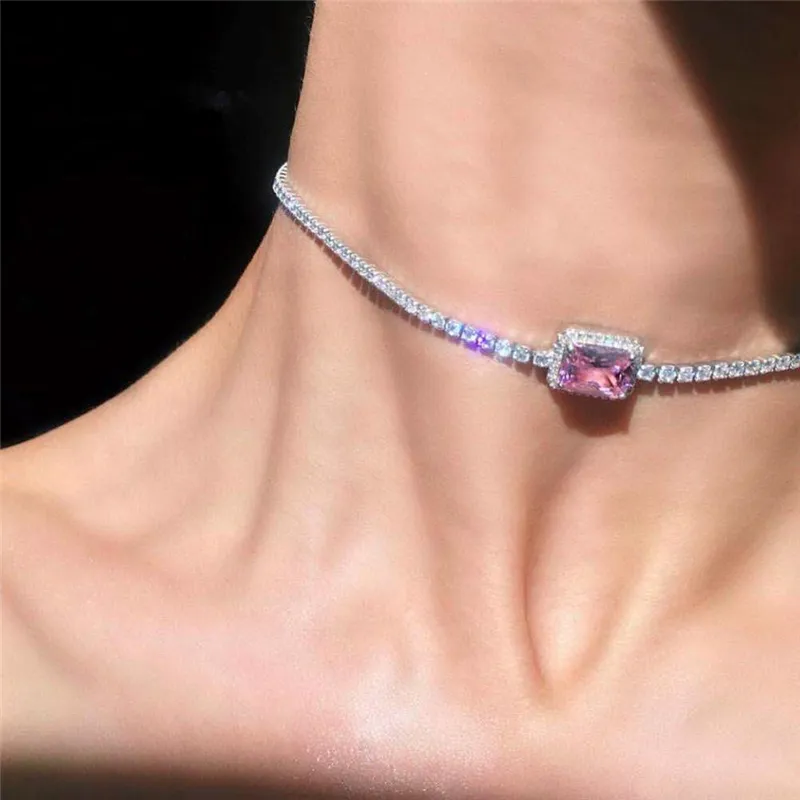 Luksusowe Iced Out łańcuchy tenisowe kobiety Choker naszyjniki złoto srebro moda różowy żółty błyszczący stras obroża naszyjnik Party biżuteria prezenty