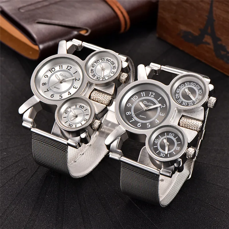 Oulm Wiele strefy czasowej zegarek Man Mesh Steel Pasp Athoy Trzy różne czasy zegarki sportowe Mężczyźni na rękę