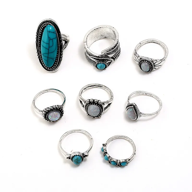 Moda feminina elegante cluster anel multipeça conjunto turquesa personalizado aberto super bonito anéis para women3372727