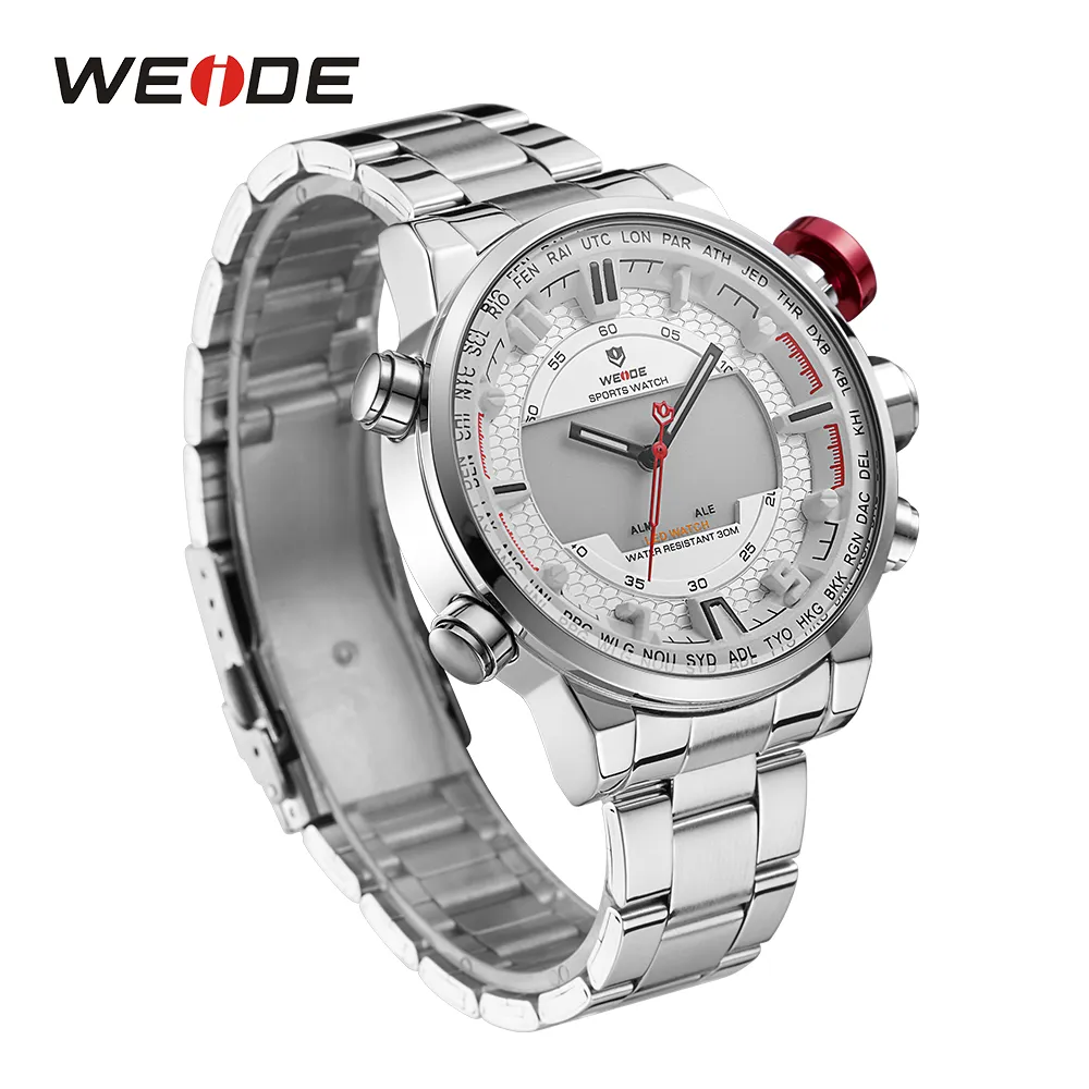 Мужская спортивная модель WEIDE, несколько функций, деловая автоматическая дата, неделя, аналоговый светодиодный дисплей, сигнализация, секундомер, наручные часы со стальным ремешком253j