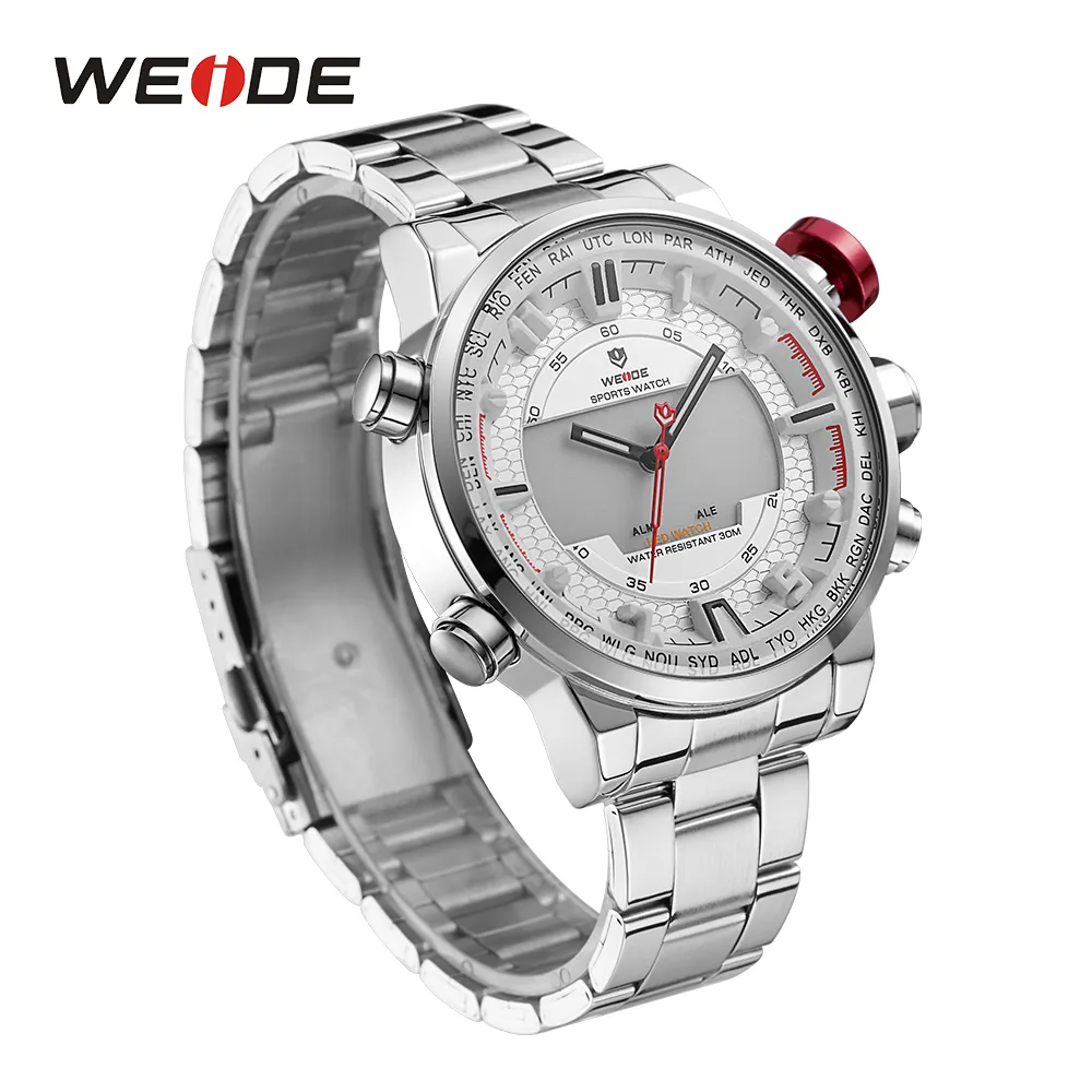 WEIDE Modello sportivo da uomo Funzioni multiple Business Auto Data Settimana Display LED analogico Allarme Cronometro Orologio da polso con cinturino in acciaio272x