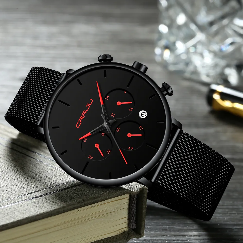 Reloj Masculino CRRJU, relojes de vestir de negocios para hombre, reloj deportivo informal de lujo resistente al agua, reloj de malla delgada de cuarzo con 3 subesferas para hombre 299a