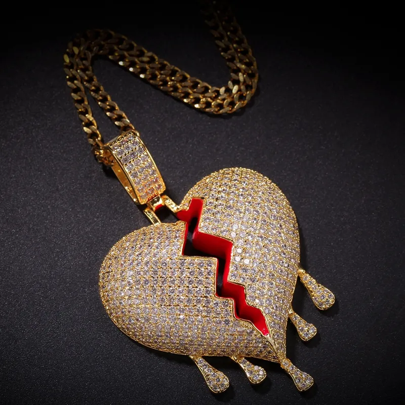 Iced Out Broken Heart Pendant Halsband Menser Kvinnor Fashion Hip Hop Jewelry Gold Silver Water Drop Nalband221p