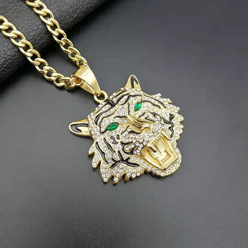 Hip Hop Rhinestones asfalterade bling isade ut guldstainfritt stål Big Tiger Pendants Halsband för män Rapper smycken med kubansk kedja2605