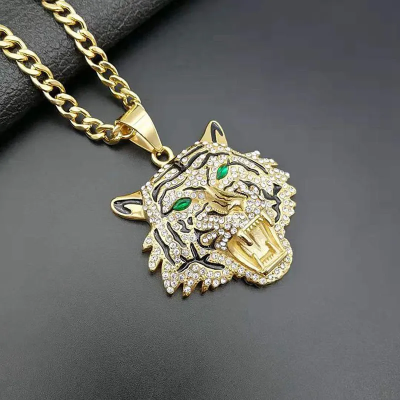 Hip Hop Rhinestones Paved Bling Iced Out GoldStainless Steel Big Tiger Pendants Necklace for Men Rapper Jewelry with cuban chain2605