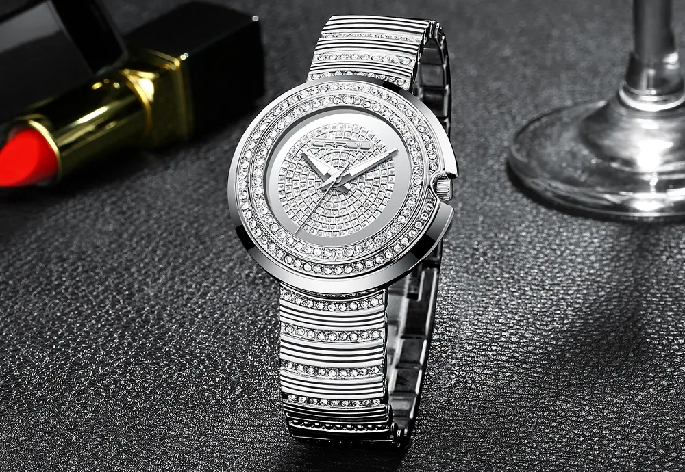 Women's Fashion Casual Analog Quartz Watches CRRJU Women Diamond Rhinestone crystal bracelet WristWatch Feminino Gift clock307U
