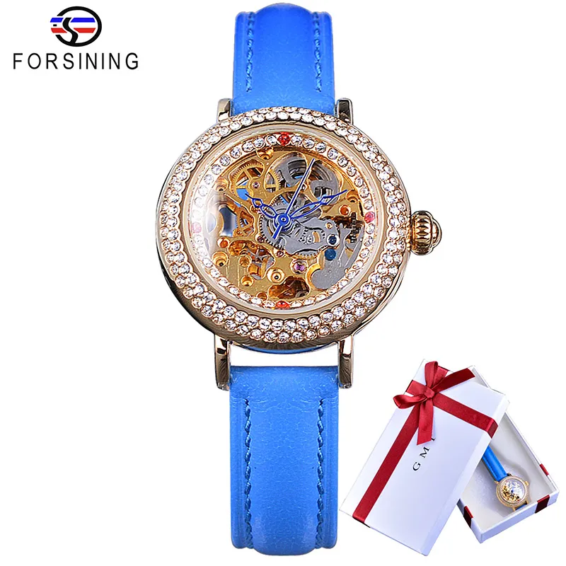 ForSining Fashion Blue Lady Diamond Gold Flower Movement Transparent Small Lady Women Mechanical Skeleton Watch Top Brand Luxury2739