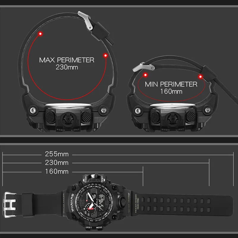 PANARS MĘŻCZYZNA Cyfrowy zegarek Wodoodporny szok LED Mężczyzna wojskowa armia elektroniczna zegarek na zewnątrz wielofunkcyjny zegar LY19121275O
