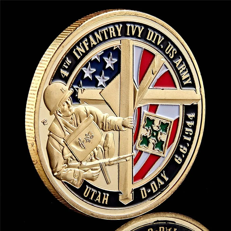 Military Challenge Coin Craft 194466 Dday US 4th Infantry Division of Army Gold Plated Badge WPCCB Box8197578