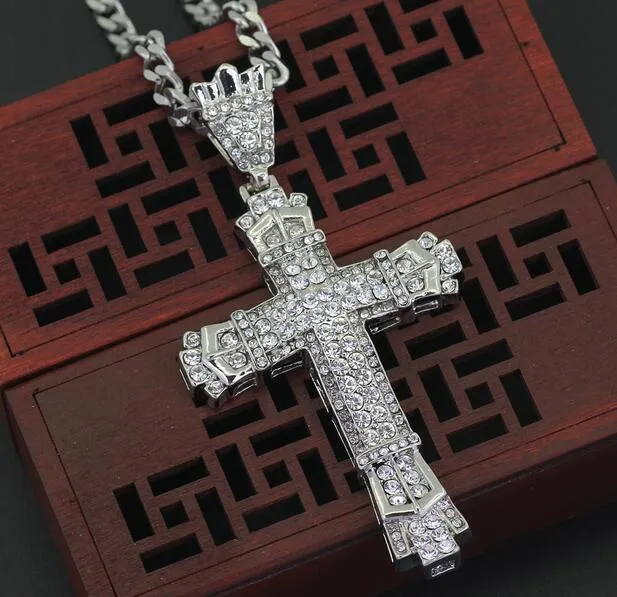 18k guldpläterad rostfritt stål kubansk kedja vatten diamant retro cutout cross hänge halsband241s