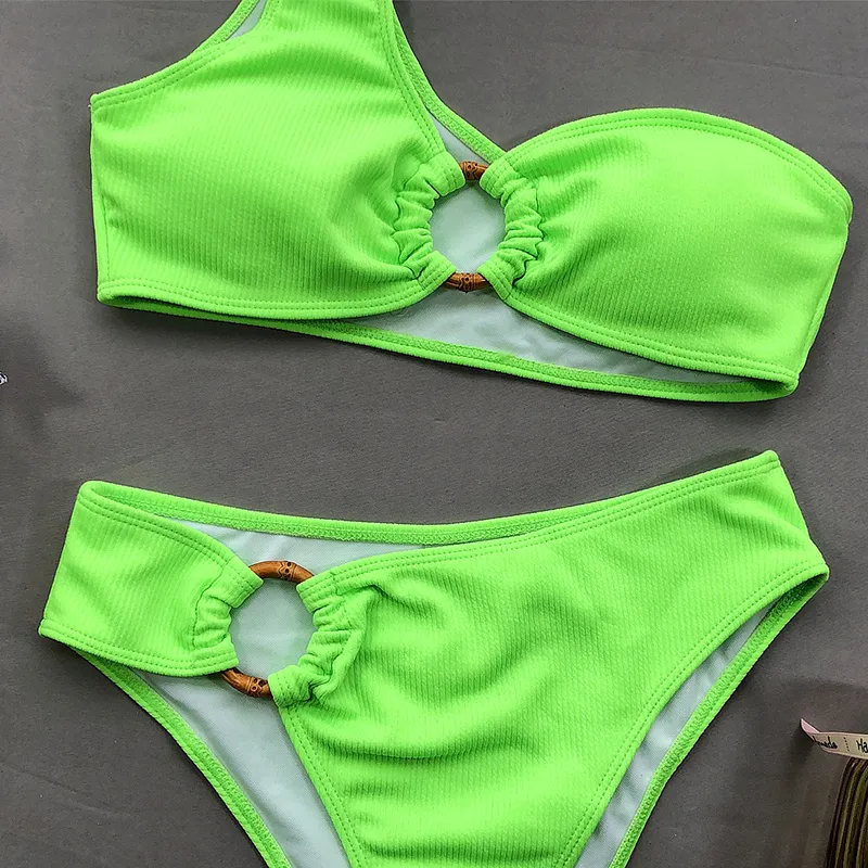 One épaule néon vert bikini 2020 nouveau ring sexy women maillot de bain plage de plage push up up coupé de maillot de bain féminin baignoires 7332504