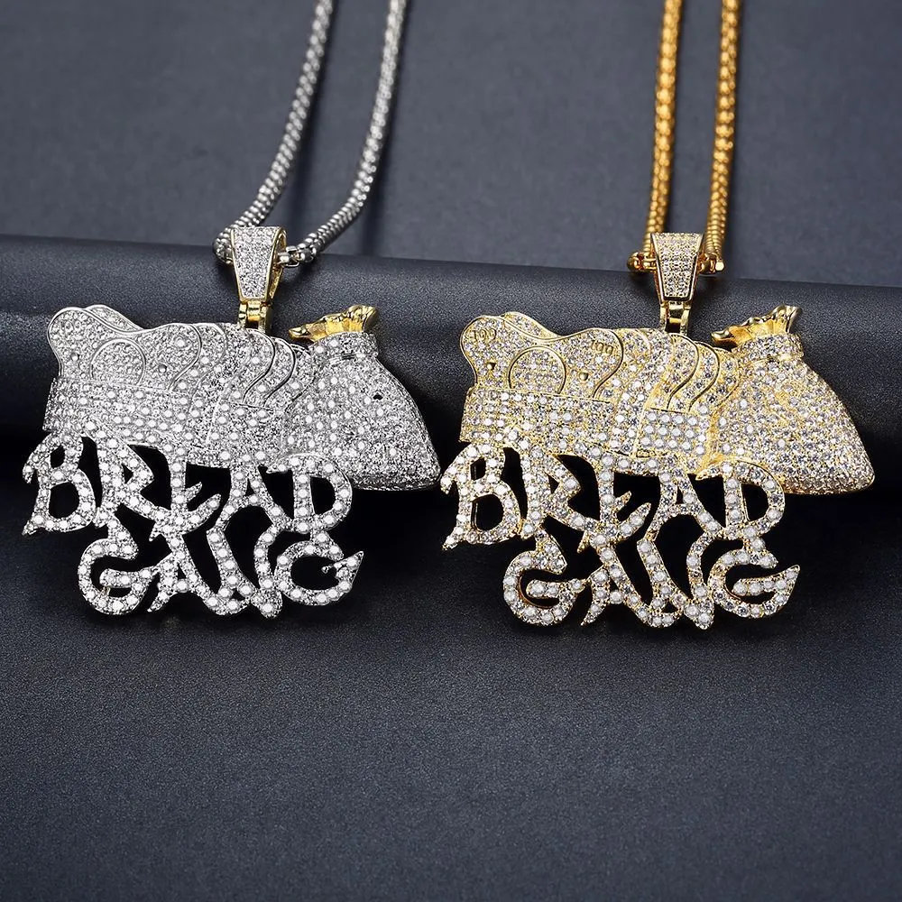 Iced Out Gold Silver Plated BREAD GANG Pendant Necklace Micro Zircon Charm Men Bling Hip Hop Jewelry Gift285t