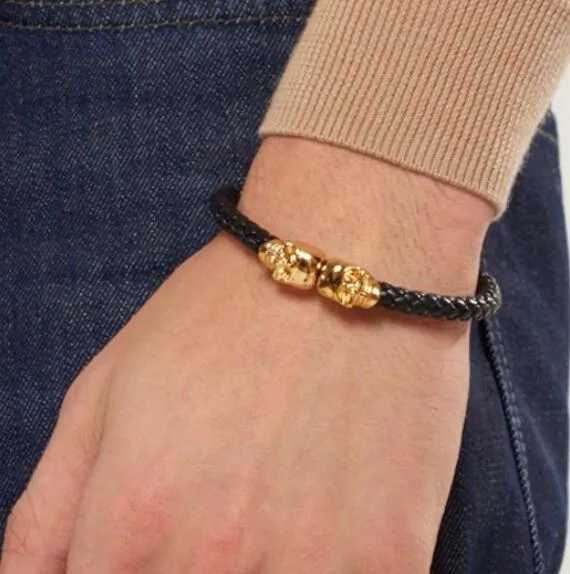 Vendi braccialetti con teschio intrecciato in vera pelle nera da uomo uomo donna bracciale con teschio nord in acciaio inossidabile oro gioielli di moda294N