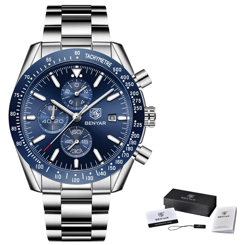 Titta på män Luxury Brand Benyar Mens Blue Watches Silicone Band Wrist Watches Men's Chronograph Watch Man Relogio Masculino2615