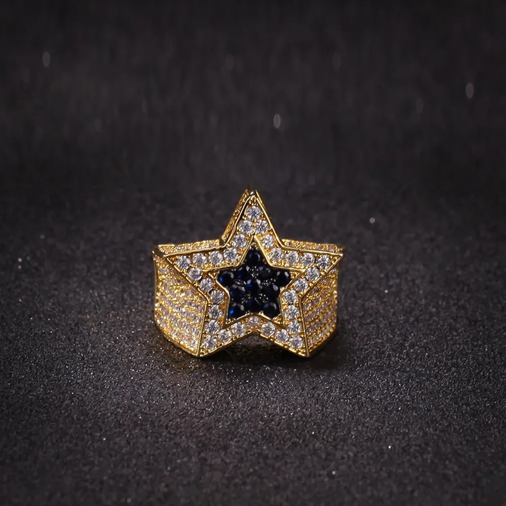 Anillo de estrella de circón para hombre, joyería euroamericana de Hip Hop con diamantes, anillos de cobre helados para hombre 325F