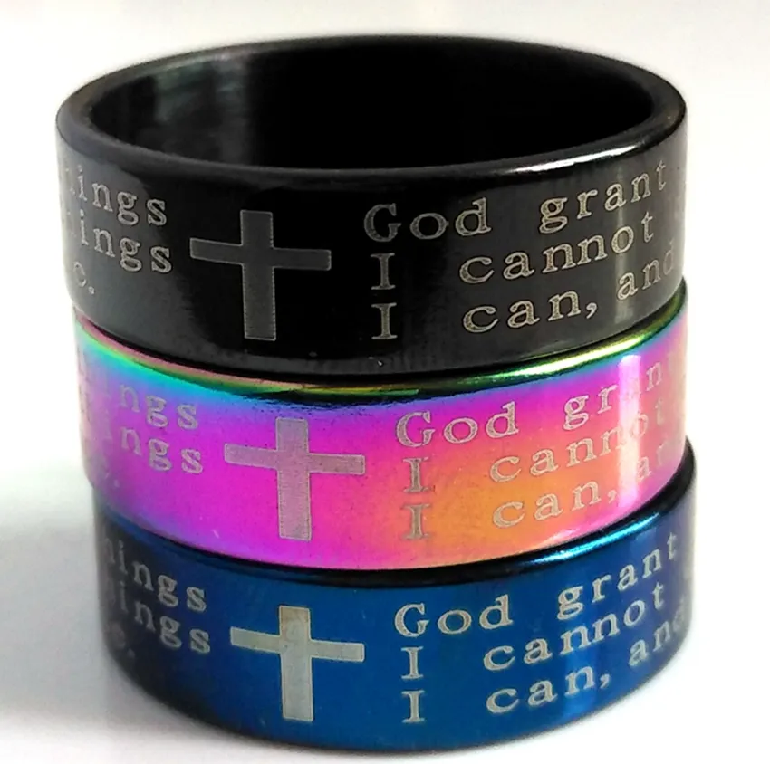 Bulk English Serenity Prayer Bible Cross Stainless Steel Rings 8mm Black Blue Rainbow Whole Mens Fashion Jewelry X224h
