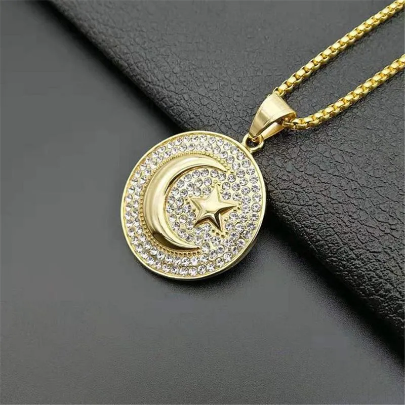 Hip Hop Iced Out Crescent Moon and Star Pendant Stainless Steel Round Muslim Necklace for Women Men Islam Jewelry Drop1296k