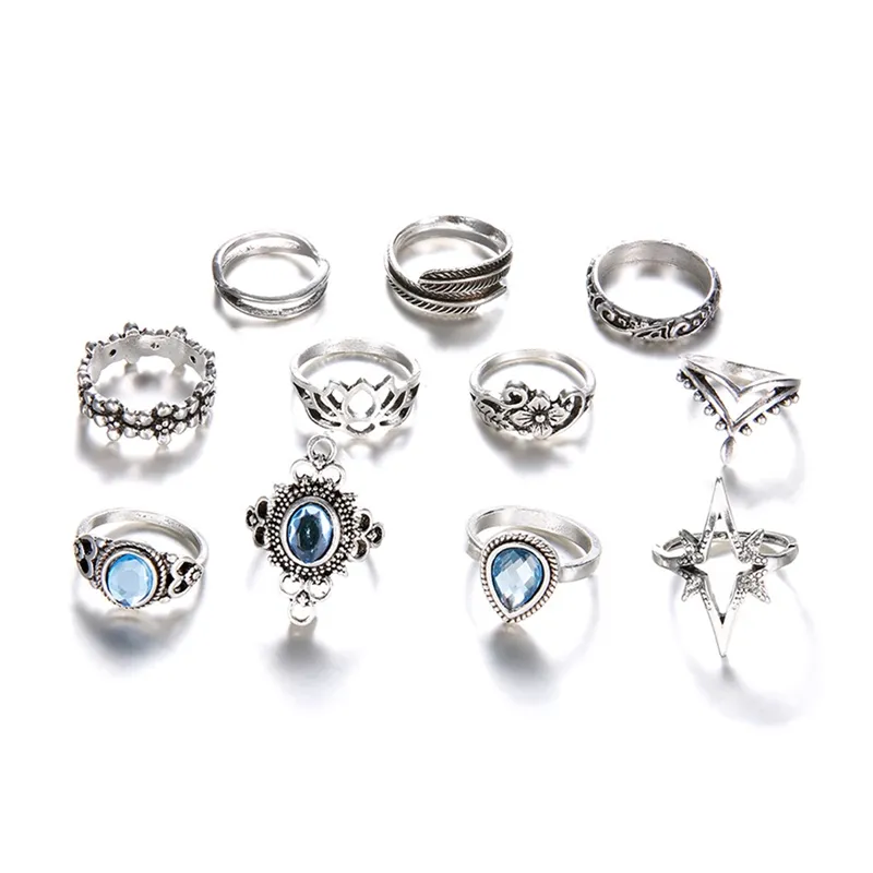 Juego de anillo de nudillo Retro Diamante Tallado Gemstone Starry Set Boho se puede superponer el anillo de Silver236m