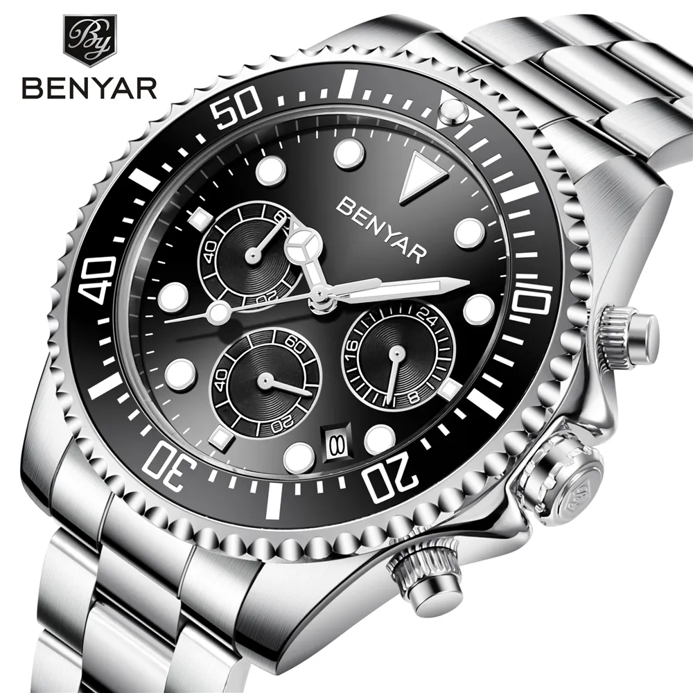 BEnyar Top Brand Luxury Men Watch Chronograph Waterproof Military Male Clock Pełny stalowy sport