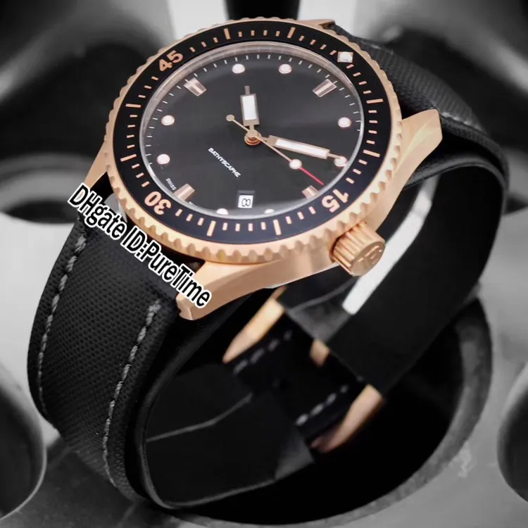 Nieuwe vijftig vadems 50 vadems Bathyscaphe 5000-36S30-B52A Rose Gold Black Dial Automatic Mens Watch Nylon Leather Watches Puretime T01A1 2620