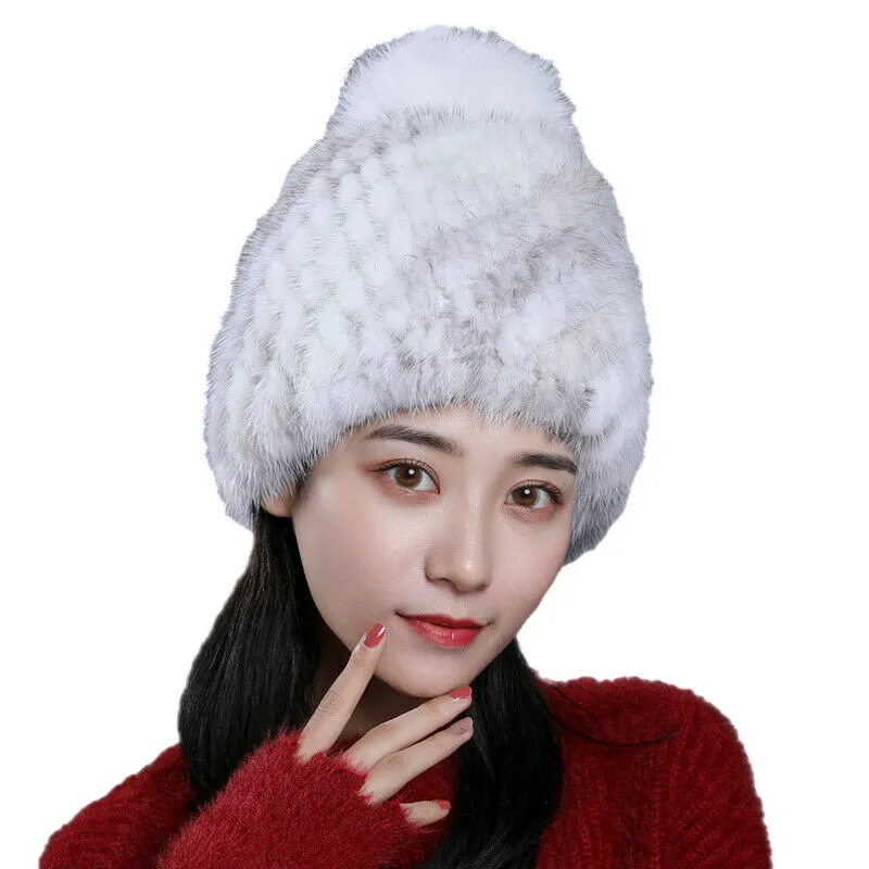 Chapéus de pele de vison real feminino inverno quente gorro raposa pom pom preto marrom vinho red225r