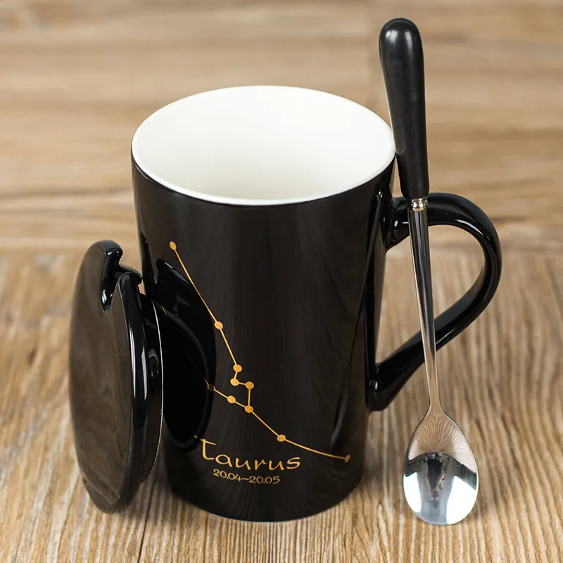 12 Konstellationen Keramik-Kaffeemilchbecher mit Löffeldeckel Schwarz und Gold Porzellan Sternzeichen Keramikbecher 420 ml Home Water Drinkware262S