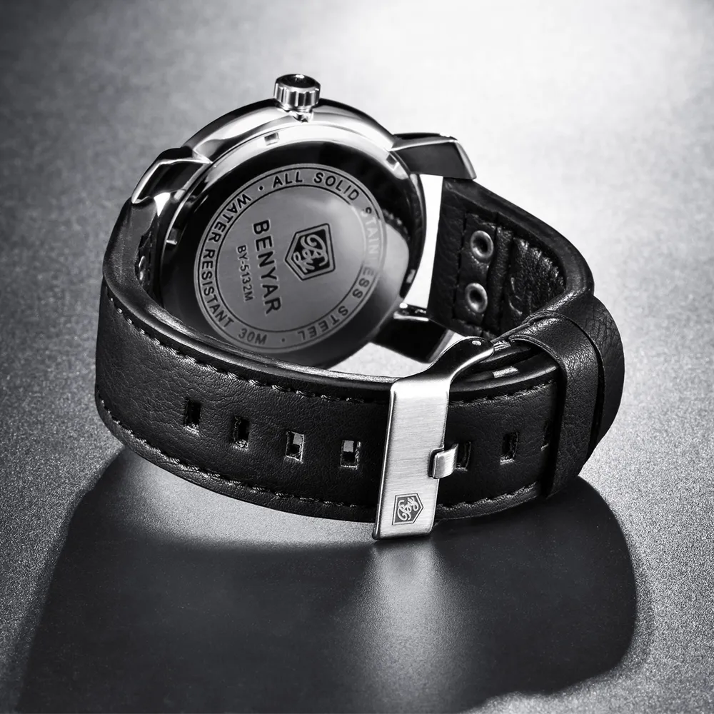 BENYAR New Gold Skull Simple Watch Mens Set Luxury Fashion Leather Quartz Wristwatch Men Military Clock Relogio Masculino209B