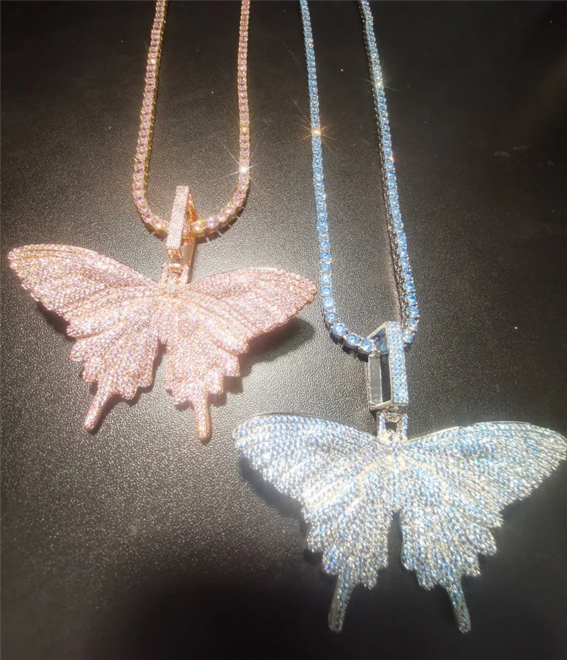 Hip Hop Rose Gold Butterfly Pendant Necklaces Pink Cuban Link Chain Tennis Chain For Men Women Iced Out Cubic Zircon Fashion Jewel328o