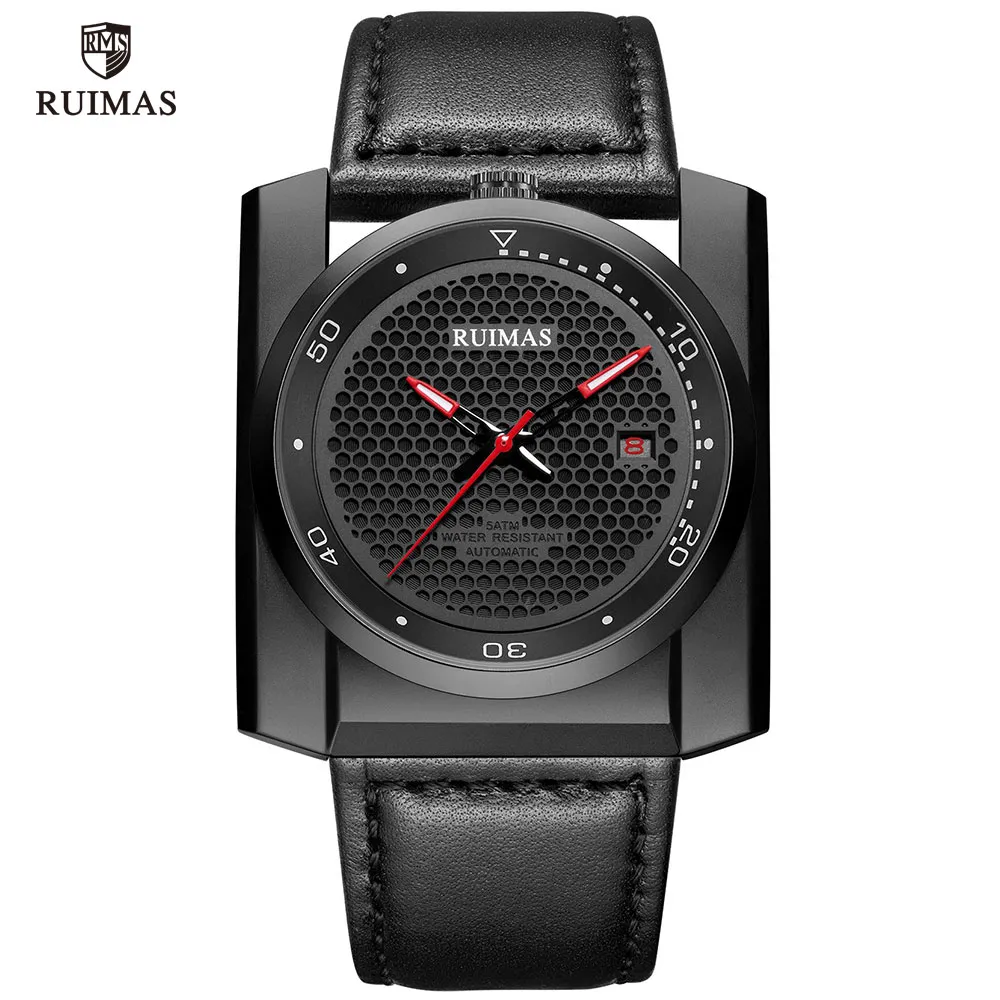 Ruimas Luksusowe automatyczne zegarki Mężczyzn Square Dial Analog Mechanical Watch Czarne skórzane zegarek Relogios Masculino Clock 6775 N242W