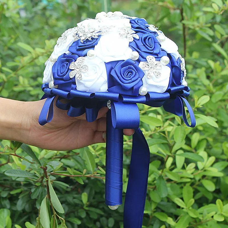 Royal Blue White Rose Artificial Fowers Wedding Bouquet Hand Holding Flowers Diamond Brosch Pearl Crystal Bridal Bouquets W125-3238G