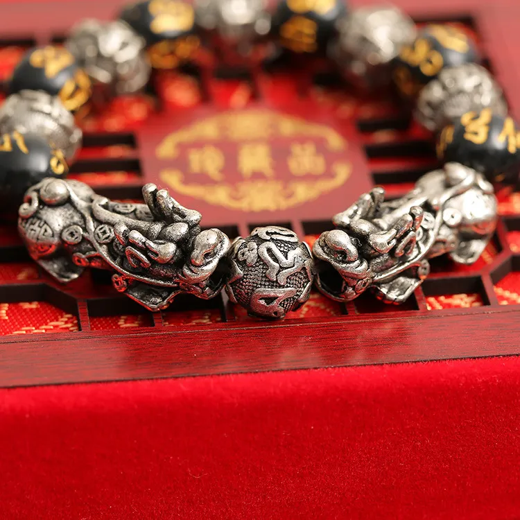 Versilberter Reichtum 3D Double Pixiu Charm Naturstein Buddha Perlen Armband Feng Shui Herrenschmuck238D