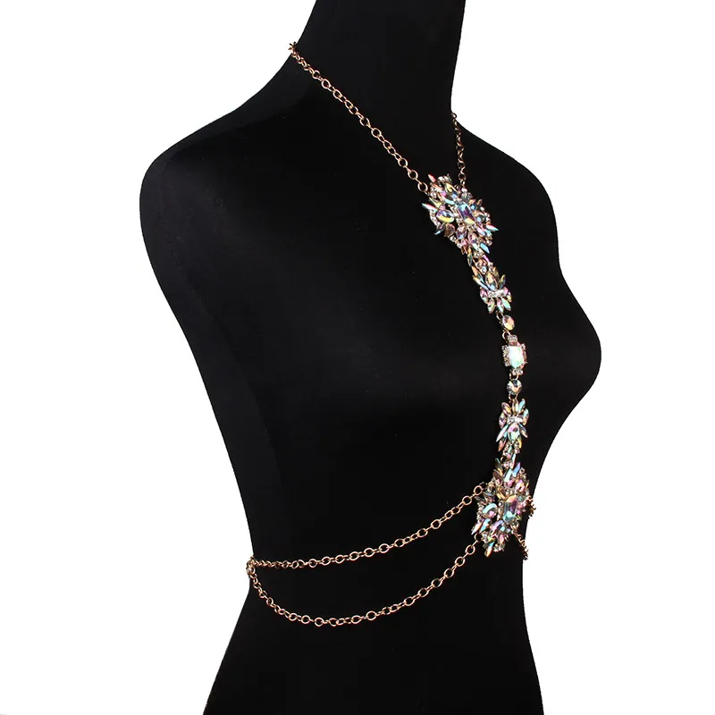 Mode- Sexy AB cristal chaînes de corps bijoux taille bikini plage chaînes de ventre harnais colliers pendentif en or accessoires de sable fema2604