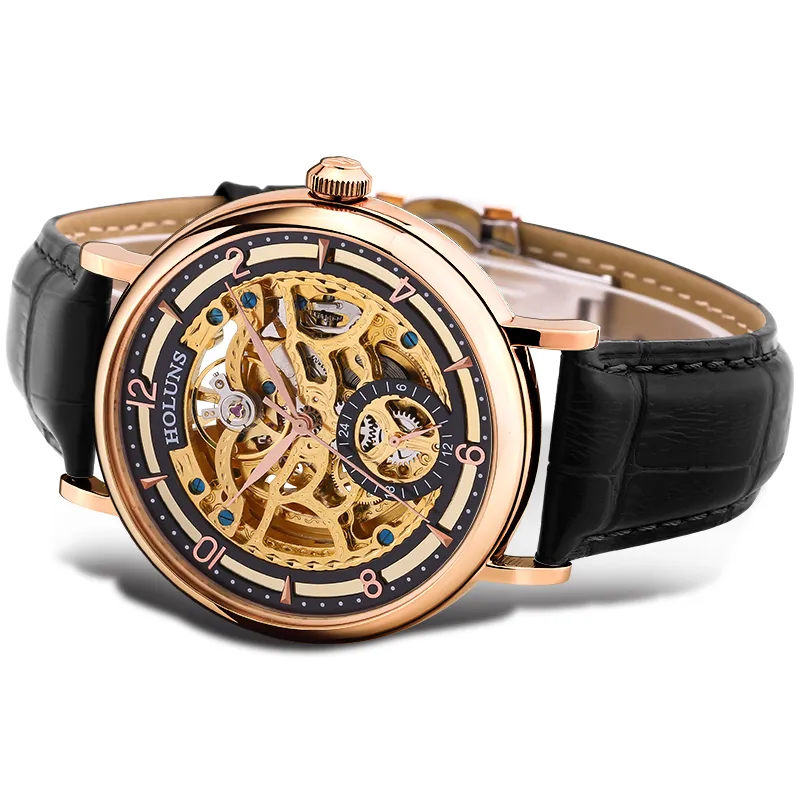 Montre mécanique automatique pour hommes, en acier inoxydable, en cuir saphir, mannen holuns, spécial luxe, plus grand cadran squelette brw226t