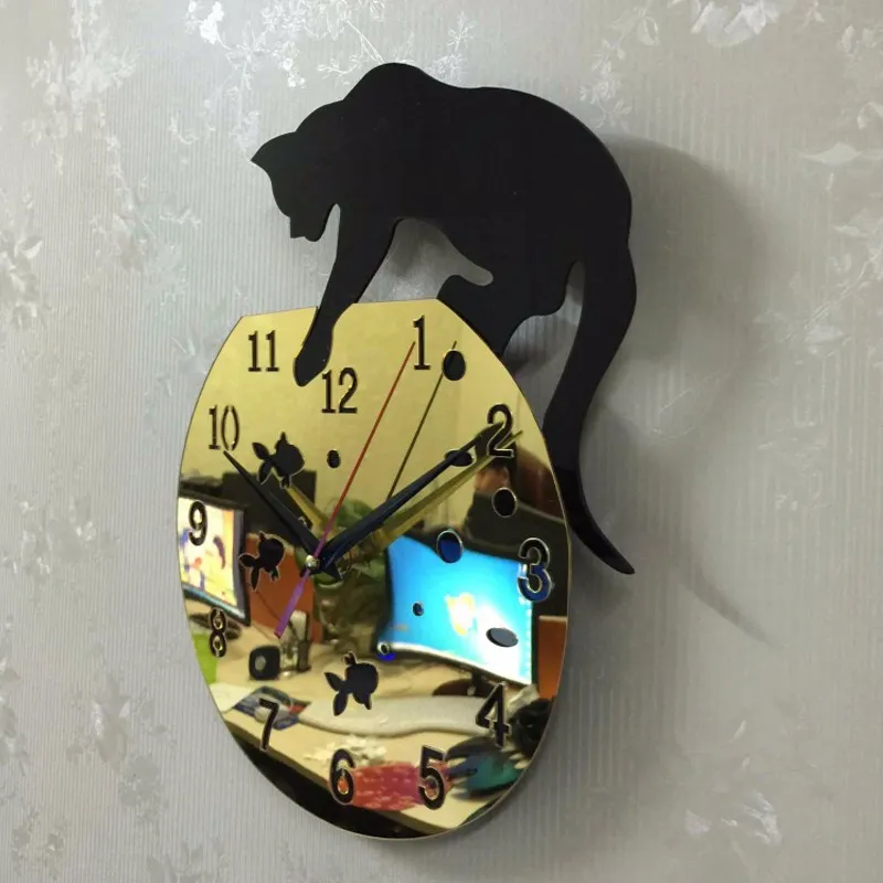 Nieuw ontwerp quartz horloge kat wandklok acryl spiegel pared horloge naald DIY klokken woonkamer decor moderne horloges 3D stickers3807777