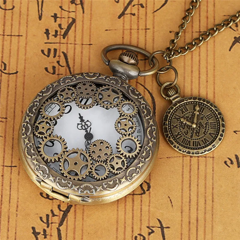 Vintage Bronze Hollow Out Gear Case Unisex Quartz Pocket Watch Antique Analog Clock Necklace Chain for Men Women Gift268A