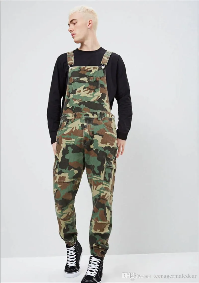 Jangesnow camuflagem denim homens macacões designer impresso jumbsuits jumpsuits moda macho macho calças longas