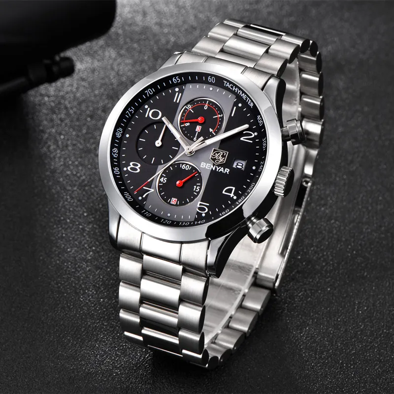 Benyar Fashion Chronograph Sport Watches Men Stainless Steel Strap Brand Quartz Watch Clock LeLogio Masculino reloj hombre black287s