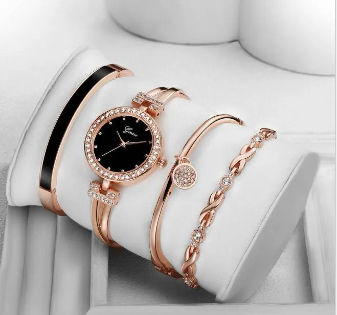 4 pçs conjunto feminino rosa ouro diamante pulseira relógio de luxo jóias senhoras feminino menina relógio casual quartzo relógios de pulso wy1052977