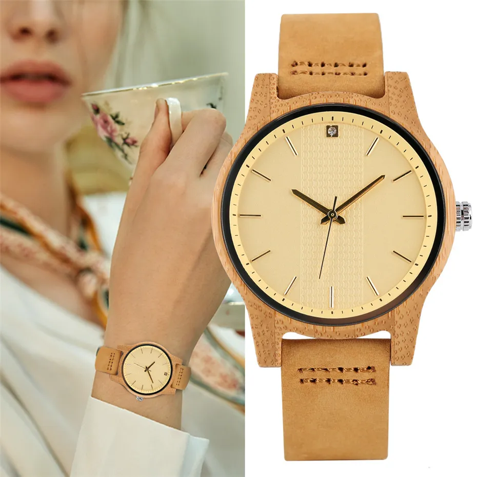montres pour femmes Wood Watch Women Quartz Timepiece Simple Yellow Dial Genuine Leather Ladies Wristwatch Elegant Casual Watch1278J