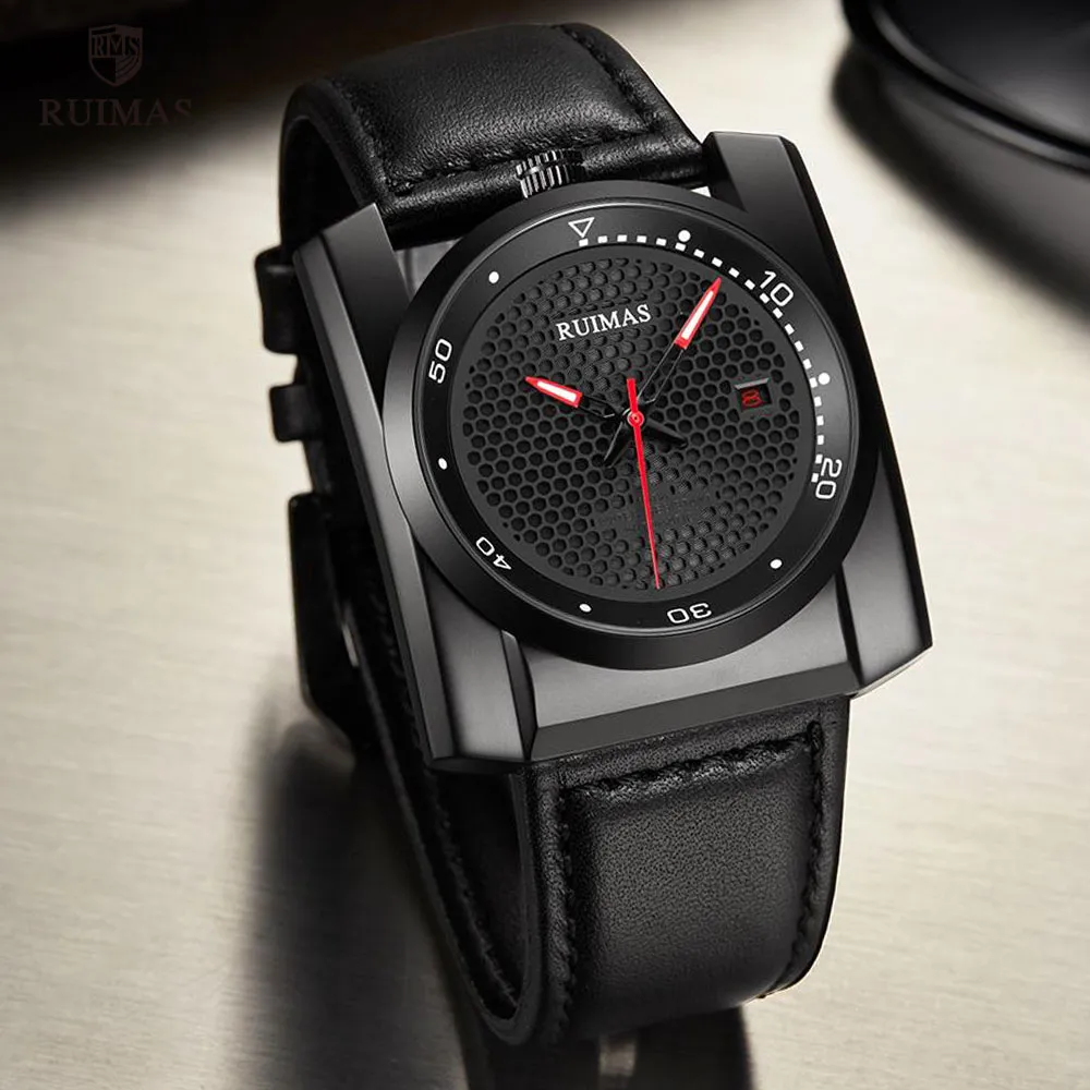 Ruimas Luksusowe automatyczne zegarki Mężczyzn Square Dial Analog Mechanical Watch Czarne skórzane zegarek Relogios Masculino Clock 6775 N242W
