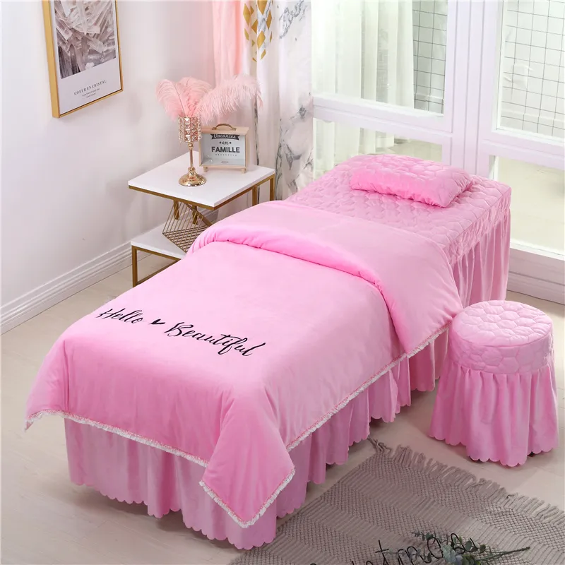 4 pièces beaux ensembles de literie de Salon de beauté Massage Spa utilisation corail velours broderie housse de couette jupe de lit drap de couette personnalisé # s234q