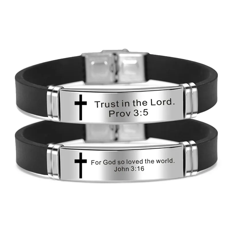 Kruisarmband Christelijke religieuze armband Jezus Schrift Citaat Bijbel Vers Inspirerend Faith Siliconen armbanden Mannen Sieraden Gift285K