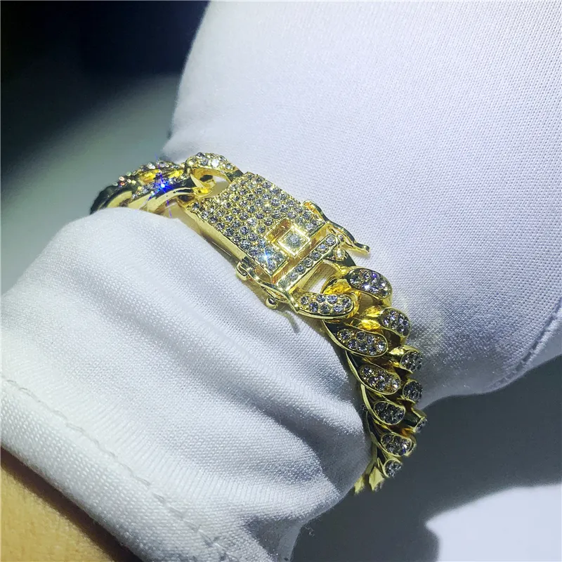 Mens Hip Hop Pulseras de oro simuladas Pulseras de diamantes Joyas Fashion Freed Out Miami Cuban Link Chain Bracelet229d