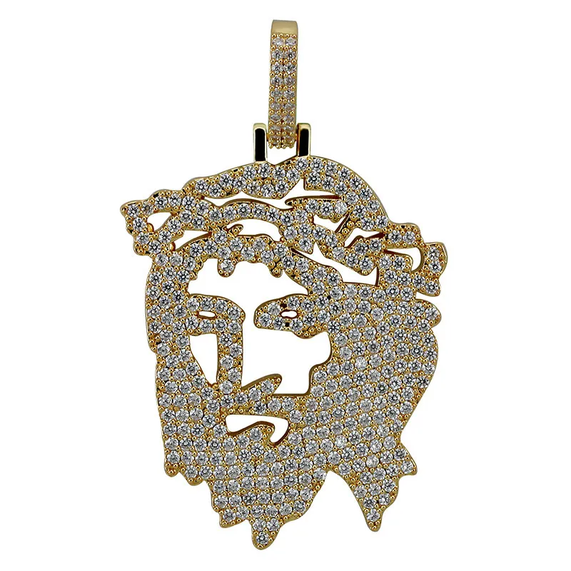 Collana con ciondolo testa di Gesù vintage scintillante, gioielli di preghiera cristiana religiosa, regalo CZ, zirconi cubici, amuleto bijoux ghiacciato hip-hop in oro uomo