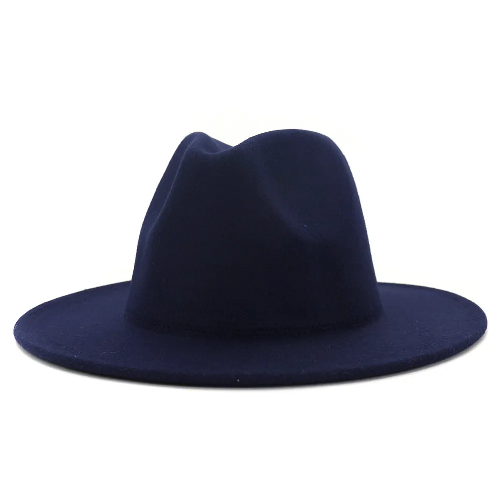 Trendy Navy Blue RoyalBlue Patchwork Faux Wool Fedora Hats Women Män kände vintage Panama Jazz Cap med Belt Buckle193f