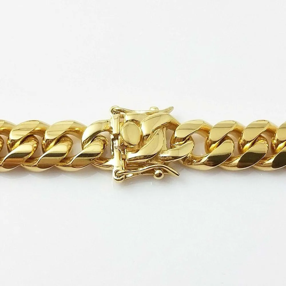 Joyería de acero inoxidable chapado en oro de 18 quilates, collar de eslabones cubanos de alto pulido, cadena de 14 mm para hombre, cierre de barba de dragón 24 26 28 303416