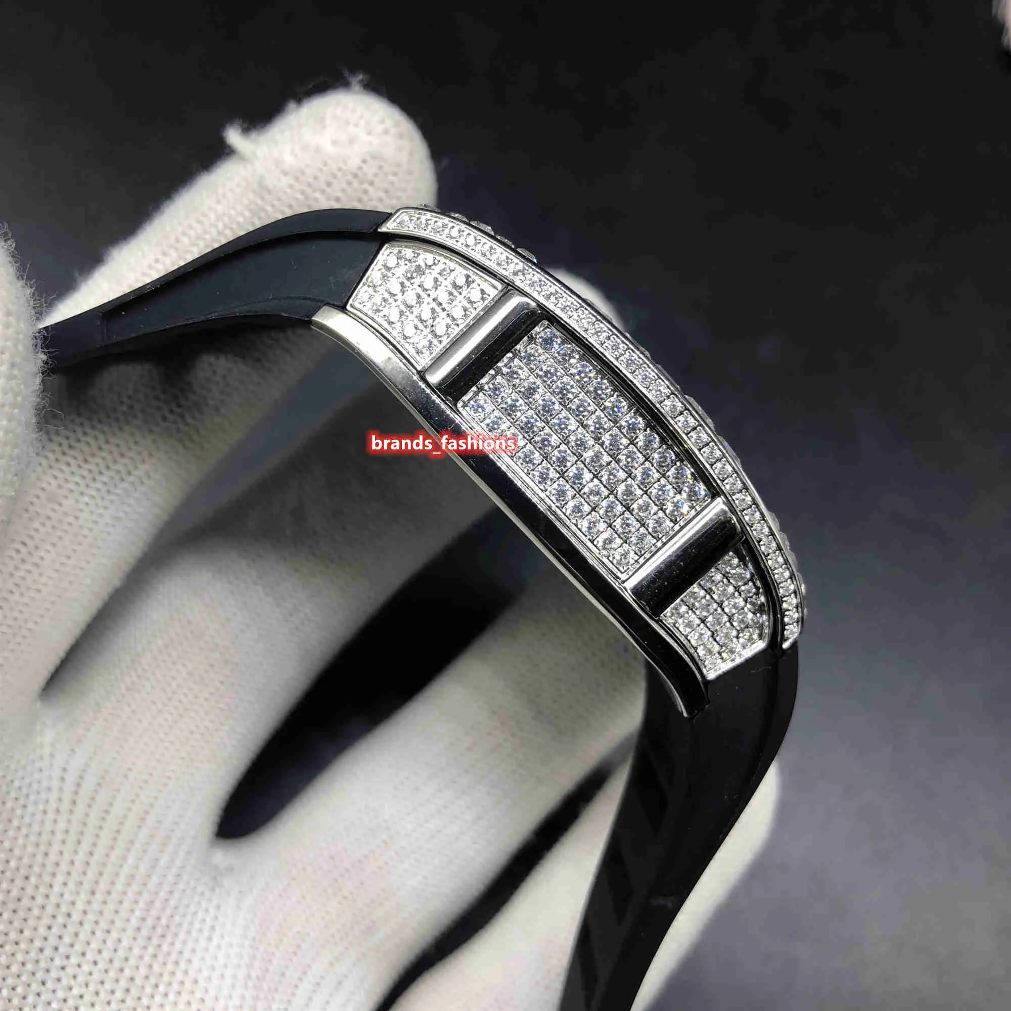 Montre-bracelet tendance pour hommes Hip Hop, boîtier en diamant, grande lunette en diamant, bracelet en caoutchouc noir, automatique mécanique W272T